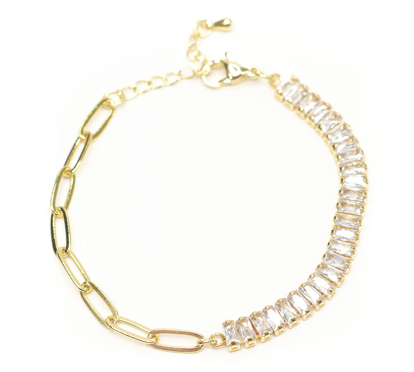 CZ Baguette and Chain Link 18K Gold Bracelet