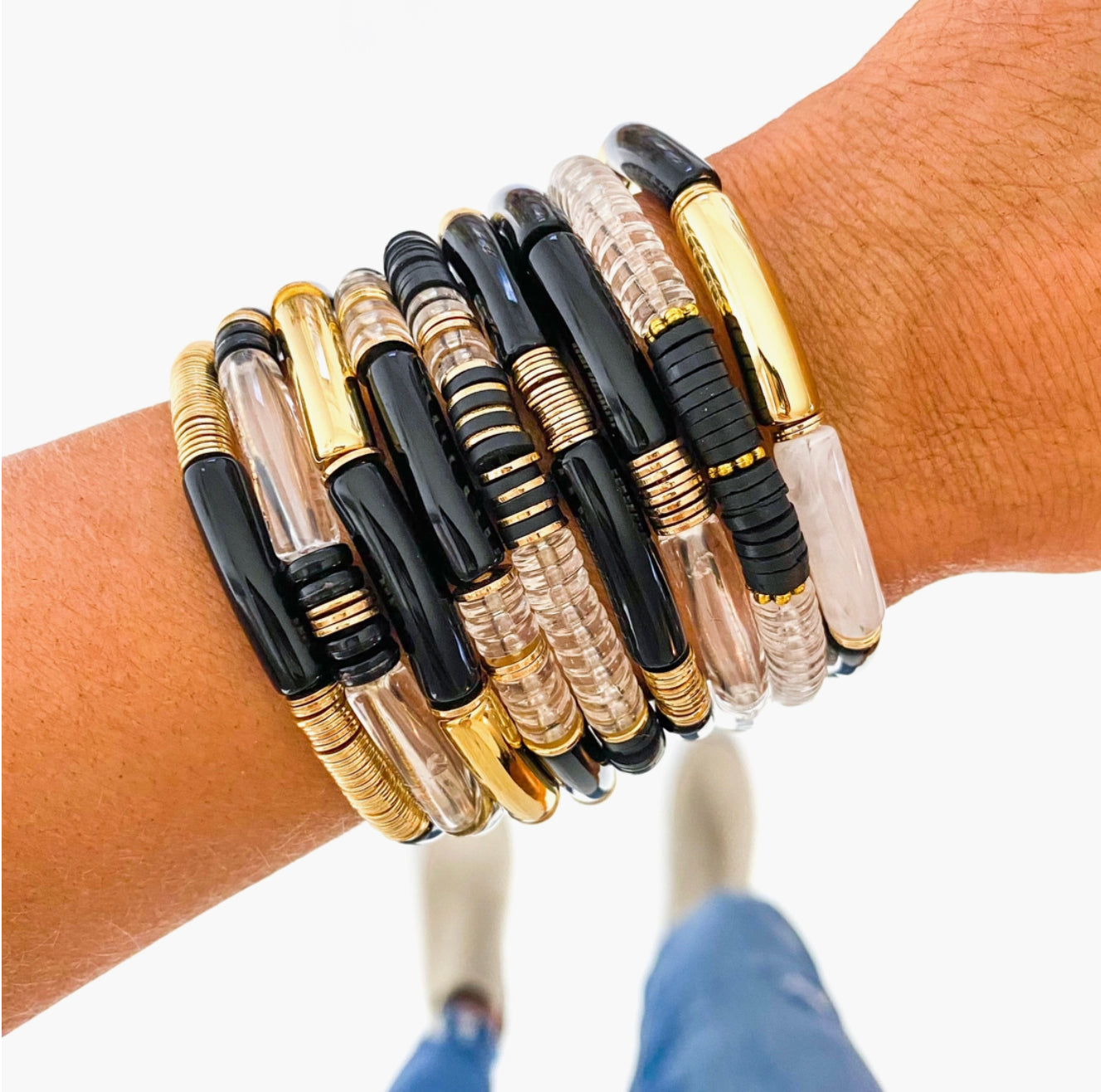 Small Black Acrylic Tube Bamboo Bracelet