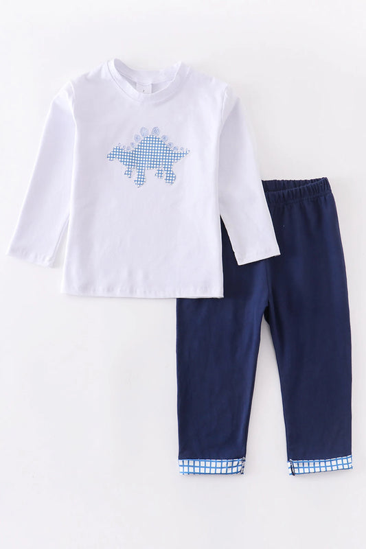 Navy Dinosaur Applique Boy Pants Set