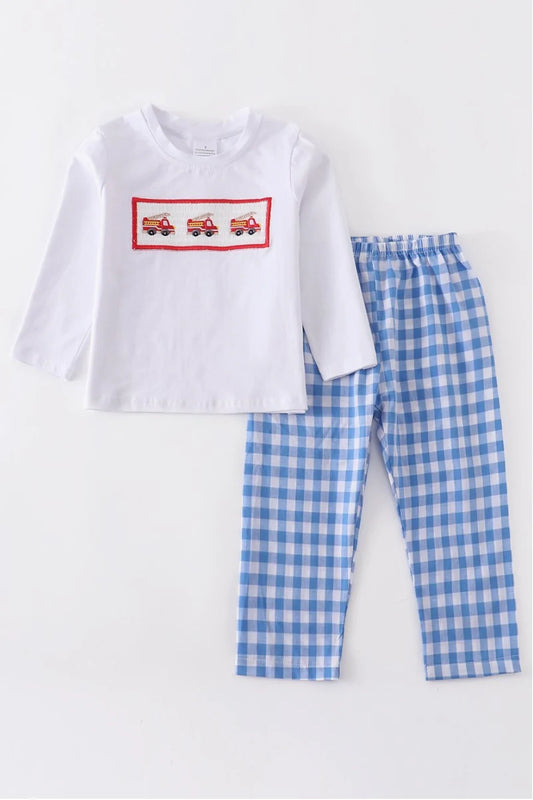 Fire Engine Smocked Plaid Pants Boy Set