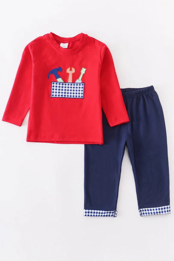 Red Tool Box Applique Boy Pants Set